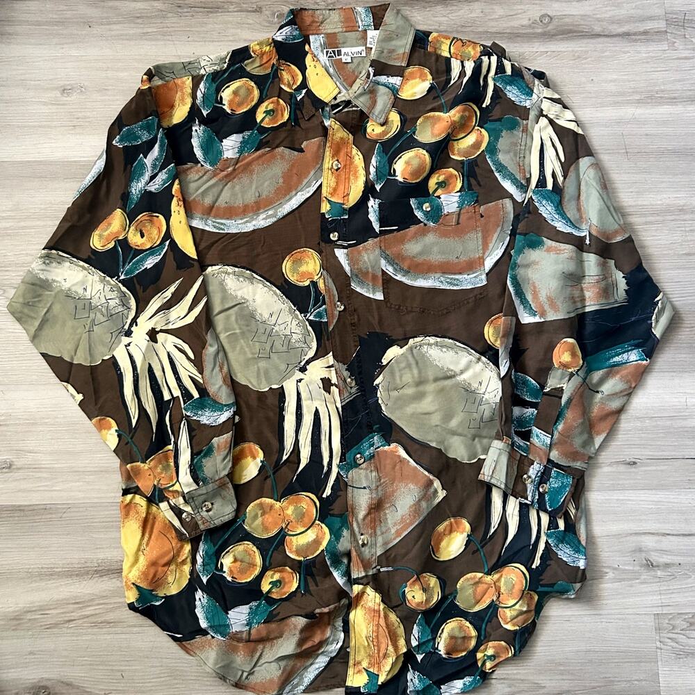 Vintage AL Alvin Original 100% Silk Button Down Men’s Shirt Fruit Print Sz XL